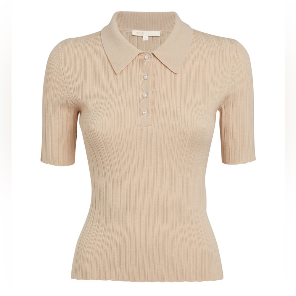 Maje Neutral Ribbed Polo Short Sleeve Shirt with Pearl buttons